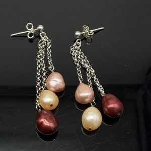 Sterling Silver Triple Strand Earrings 925 Dangling Pearls 2" Red Pink Beige